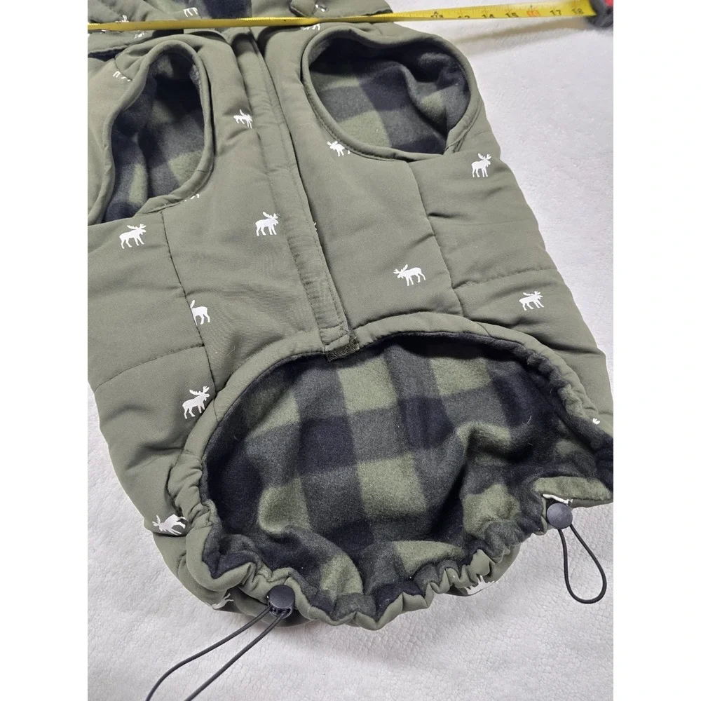 Winter Dog Vest with Hood - Green Moose Pattern, Plaid Fleece Lined, Size XL...